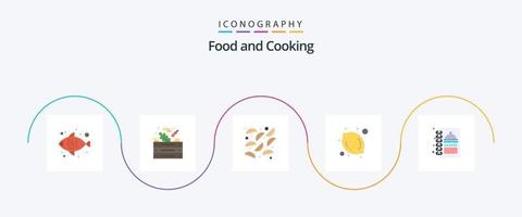 paquete de iconos de 5 alimentos planos que incluye. libro de menús. frito. menú. limón vector