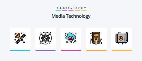 la línea de tecnología de medios llenó el paquete de 5 iconos, incluida la cuenta. documentos. inalámbrico. analítica. tecnología. diseño de iconos creativos vector