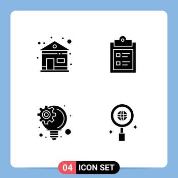 Pack of 4 Modern Solid Glyphs Signs and Symbols for Web Print Media such as building innovative process business text research Editable Vector Design Elements