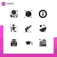 9 Universal Solid Glyphs Set for Web and Mobile Applications american hand info gun jogging Editable Vector Design Elements