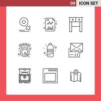 Mobile Interface Outline Set of 9 Pictograms of water metal desk gong bell Editable Vector Design Elements