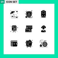 Pack of 9 Modern Solid Glyphs Signs and Symbols for Web Print Media such as card business report railway powerpoint analytics Editable Vector Design Elements