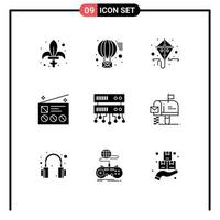 Group of 9 Solid Glyphs Signs and Symbols for radio marketing send communication spring Editable Vector Design Elements