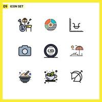 9 Universal Filledline Flat Color Signs Symbols of engine camera seo instagram graph Editable Vector Design Elements