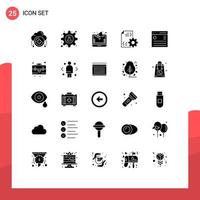 Pack of 25 Modern Solid Glyphs Signs and Symbols for Web Print Media such as communication file tube development online marketing Editable Vector Design Elements