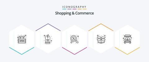 paquete de iconos de 25 líneas de compras y comercio que incluye tienda. sillón. descuento. envío. embalar vector