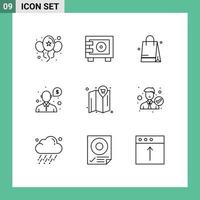 Group of 9 Modern Outlines Set for cart map handbeg support money Editable Vector Design Elements