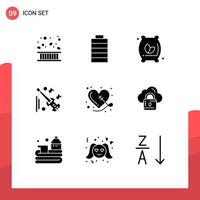 9 User Interface Solid Glyph Pack of modern Signs and Symbols of heart violin flour music guitar Editable Vector Design Elements