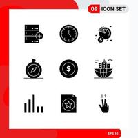 Set of 9 Vector Solid Glyphs on Grid for dollar coin compass web browse income Editable Vector Design Elements