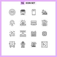 Pack of 16 Modern Outlines Signs and Symbols for Web Print Media such as transport time book delivery camera Editable Vector Design Elements