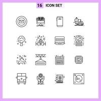 Pack of 16 Modern Outlines Signs and Symbols for Web Print Media such as transport time book delivery camera Editable Vector Design Elements