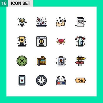 conjunto de pictogramas de 16 líneas llenas de colores planos simples de código de archivo de mancuernas de correo de taza elementos de diseño de vectores creativos editables