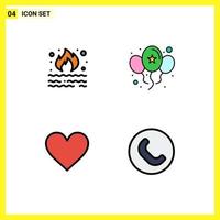 4 Universal Filledline Flat Color Signs Symbols of burn heart pollution celebrate like Editable Vector Design Elements