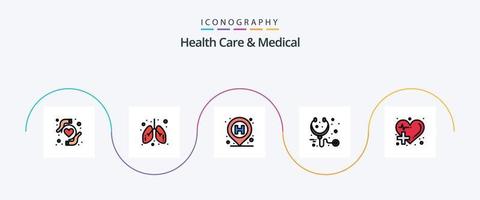 paquete de iconos de 5 planos llenos de atención médica y línea médica que incluye atención médica. cuidado. ubicación. estetoscopio. salud vector