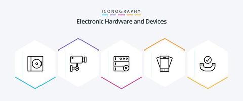 paquete de iconos de 25 líneas de dispositivos que incluye marcado. inclinación. base de datos. teléfono inteligente móvil vector