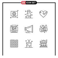 9 User Interface Outline Pack of modern Signs and Symbols of tabletop display print heart advertisement tick Editable Vector Design Elements