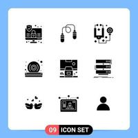 Mobile Interface Solid Glyph Set of 9 Pictograms of control cabin healthcare player dvd Editable Vector Design Elements