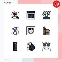 paquete de 9 modernos signos y símbolos de colores planos de línea rellena para medios de impresión web, como el sitio web espejo de ethernet, hacen que la membresía sea editable en elementos de diseño vectorial vector