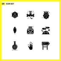 Group of 9 Solid Glyphs Signs and Symbols for write feather mechanical strawberry summer Editable Vector Design Elements