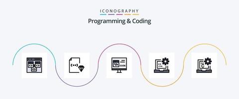 Programming And Coding Line Filled Flat 5 Icon Pack Including develop. code. document. development. coding vector