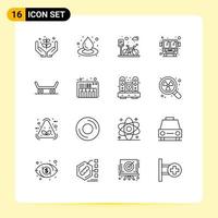 Pack of 16 Modern Outlines Signs and Symbols for Web Print Media such as music skateboard cycle public transport bus Editable Vector Design Elements