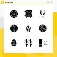 Universal Icon Symbols Group of 9 Modern Solid Glyphs of idea business plumbing bulb sticker Editable Vector Design Elements