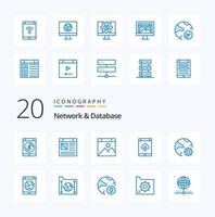 20 paquetes de iconos de color azul de red y base de datos como conexión de red de teléfono de computadora en línea vector