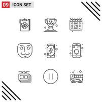 Stock Vector Icon Pack of 9 Line Signs and Symbols for heart face dad anonymous calender Editable Vector Design Elements