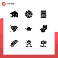 Mobile Interface Solid Glyph Set of 9 Pictograms of day avatar oven user diamond Editable Vector Design Elements