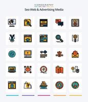 Creative seo web y medios publicitarios paquete de iconos rellenos de 25 líneas, como mensaje. tecnología búsqueda de página. SEO datos vector