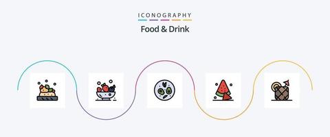 línea de comida y bebida llena de paquete de iconos planos 5 que incluye jugo. ensalada. beber. sandía vector