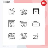 Set of 9 Vector Outlines on Grid for security cam cienma tape sound waves music levels Editable Vector Design Elements