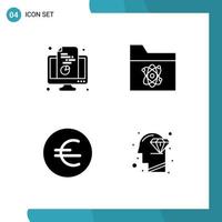 Set of 4 Commercial Solid Glyphs pack for chart euro pie folder finance Editable Vector Design Elements