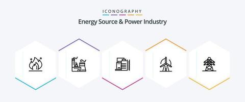 fuente de energía y paquete de iconos de 25 líneas de la industria de la energía que incluye . Torre de transmisión. turbina. transmisión. eléctrico vector