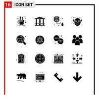 Pack of 16 Modern Solid Glyphs Signs and Symbols for Web Print Media such as search buy education halloween animal face Editable Vector Design Elements