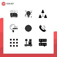 Mobile Interface Solid Glyph Set of 9 Pictograms of target school group learning education Editable Vector Design Elements