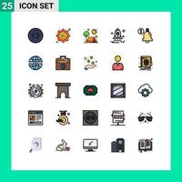 25 User Interface Filled line Flat Color Pack of modern Signs and Symbols of alert rocket camp launch sun Editable Vector Design Elements