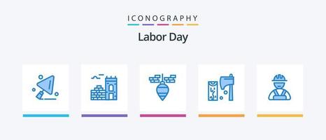 Labor Day Blue 5 Icon Pack Including worker. builder. plumb bob. wood. cutting. Creative Icons Design vector