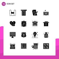 16 Universal Solid Glyphs Set for Web and Mobile Applications love tape home sound pencil Editable Vector Design Elements