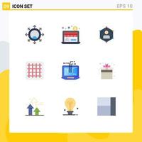 Modern Set of 9 Flat Colors Pictograph of laptop computer network layout user Editable Vector Design Elements