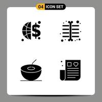 Pack of 4 Modern Solid Glyphs Signs and Symbols for Web Print Media such as finance healthcare chest coconut remedy Editable Vector Design Elements