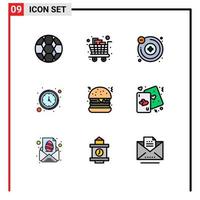 Filledline Flat Color Pack of 9 Universal Symbols of fast food watch trolley wall clock clock Editable Vector Design Elements