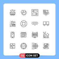 Modern Set of 16 Outlines Pictograph of asian accountant control room aircondition Editable Vector Design Elements