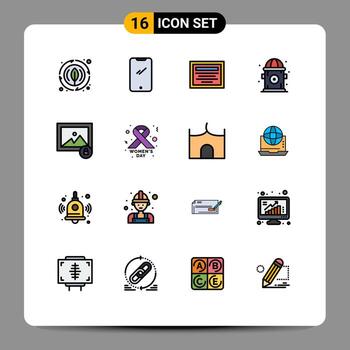 16 Universal Flat Color Filled Lines Set for Web and Mobile Applications photo image iphone hydrant city Editable Creative Vector Design Elements