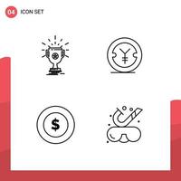 Group of 4 Filledline Flat Colors Signs and Symbols for award dollar coin win finance global Editable Vector Design Elements