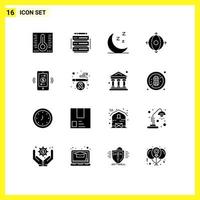 Pack of 16 Modern Solid Glyphs Signs and Symbols for Web Print Media such as communications mobile dollar night connections management Editable Vector Design Elements