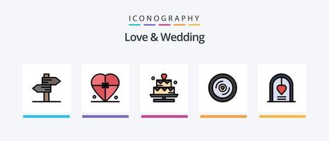 la línea de amor y boda llenó el paquete de 5 íconos que incluye San Valentín. corazón. pastel. boda. diseño de iconos creativos vector