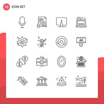 paquete de 16 signos y símbolos de contornos modernos para medios de impresión web, como configuración de servicio, computadora portátil, contraseña, elementos de diseño vectorial editables vector