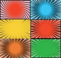 Comic book colorful frames background with halftone rays radial and dotted effects pop art style vector