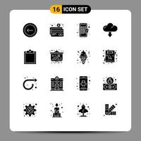 Group of 16 Modern Solid Glyphs Set for clipboard download bag down cloud Editable Vector Design Elements